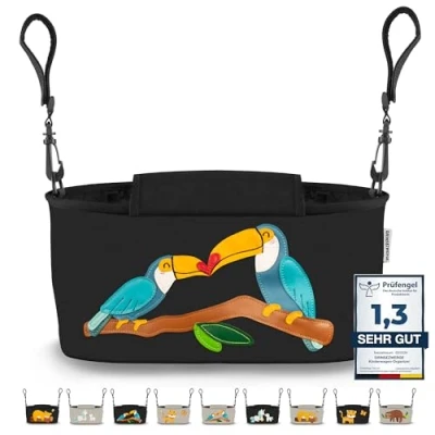 Abbildung von GRINSEZWERGE Kinderwagen Organizer 12Motive mit Feuchttuchspender I Tasche Schultergurt Kinder Buggy Kinderwagentasche Aufbewahrungstasche Baby Stroller Bag schwarz Tukan