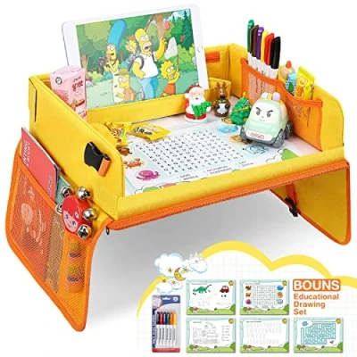 Abbildung von Jojoin Gelb Kinder Reisetisch Kindersitz Spiel und Knietablett Reisetisch, Multifunktional Einstellbar Esstisch Spieltisch Autositz mit 1 Transparenter Zeichnungsfilm + 5 Zeichenpapier 6 Farbstifte