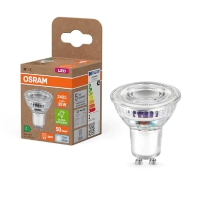Abbildung von OSRAM Energy Class LED Reflektor Lampe PAR16 mit 1.3 W, 240 lm, kaltweiß (4000 K) aus bleifreiem Glas GU10 Sockel in der Energieeffizienzklasse A, 50 mm Durchmesser, IP20.