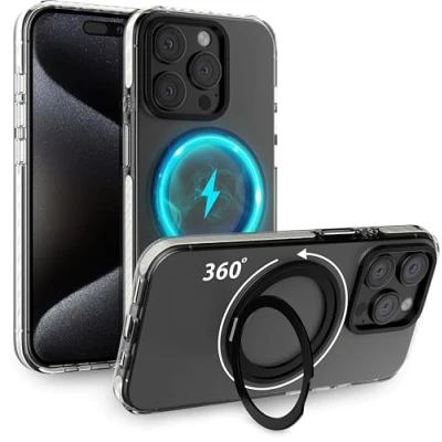 Abbildung von MyGadget Hülle für Apple iPhone 15 Pro [ kompatibel mit MagSafe und 360 Ständer] magnetische Hybrid Handyhülle Rückseite Hart Rand Silikon ] Transparent