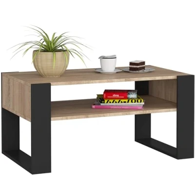 Abbildung von AKORD Couchtisch Holz DOMI mit einem Regal 92x45x53cm Für Wohnzimmer Schlafzimmer Schrank Minimalistisch Modernes Design Schichtstoffplatte 16mm Eiche Sonoma + Schwarze Beine