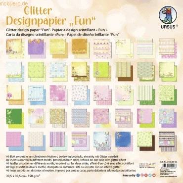 Abbildung von Ursus 71860099 Glitter Design Papier &quot;Fun&quot;, Mix mit 40 Blatt beidseitig bedrucktem Motiv Papier, 190 g/m², 30,5 x cm, Vorder und Rückseite jeweils unterschiedlich bedruckt
