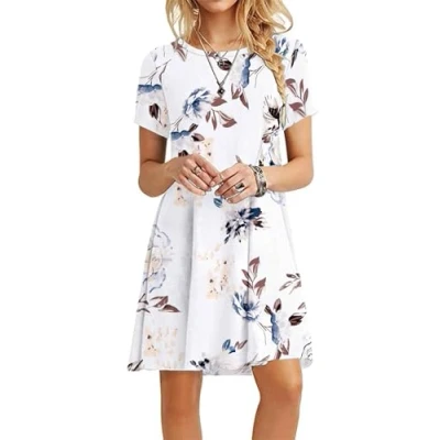 Abbildung von MOLERANI Damen Sommerkleider T Shirt Kurzarm Strandkleid Casual Loose Swing Damenkleid Floral Weiß L