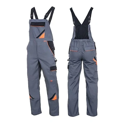 Abbildung von Artmas Arbeitslatzhose Latzhose Sicherheitshose Arbeitshose Berufskleidung Farbe: Stahl mit orangefarbenem und schwarzem Zubehör.