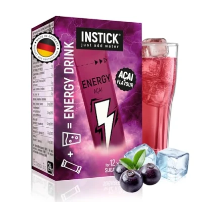 Abbildung von INSTICK Zuckerfreier Energydrink (Acai) Kalorienarmes Energy Getränkepulver mit Koffein &amp; Vitaminen Instant Pulver für 12 x 0,25 L