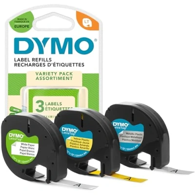 Abbildung von DYMO® Original Schriftbänder für LetraTag® 12mm x 4m schwarz auf je 1 Papier weiss, Plastik gelb &amp; silber