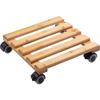 Abbildung von Metafranc Pflanzenroller 300 x mm 60 kg Tragkraft Bambus Platte Natürlicher Holz Look TPE Rollen mit 4 Feststellern / Indoorroller Blumenroller Transporthilfe für Pflanzen 825340