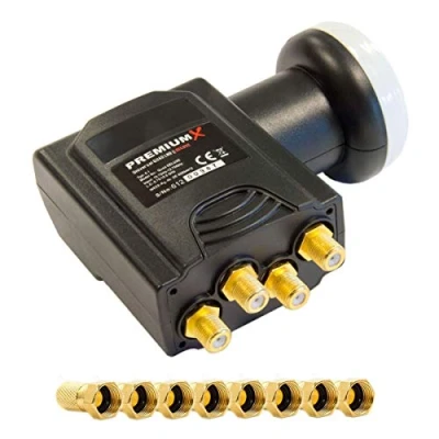 Abbildung von Premium X Deluxe Quad LNB PLL SAT für 4 Teilnehmer Digital Satelliten Signalumsetzer DVB S2 TV HD UHD 4K inkl. 8X F Aufdrehstecker