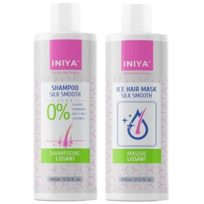 Abbildung von Iniya Silk Smooth Shampoo und Glättende Pflege, ohne Sulfate oder Silikon, glättendes brasilianische Haarmaske, Tannin (2 x 400 ml)