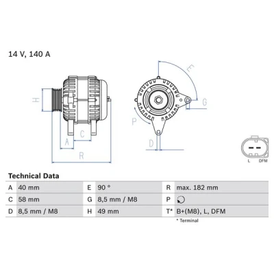 Abbildung von BOSCH 0 986 083 050 Lichtmaschine 14V 140A VOLKSWAGEN: Transporter 5 Bus, Golf Schrägheck, Kastenwagen, AUDI: A3 Schrägheck