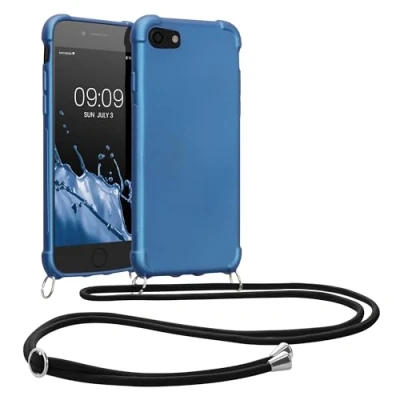 Abbildung von kwmobile Necklace Case kompatibel mit Apple iPhone SE (2022) / (2020) 8 7 Hülle Cover Kordel zum Umhängen Silikon Schutzhülle Metallic Blau