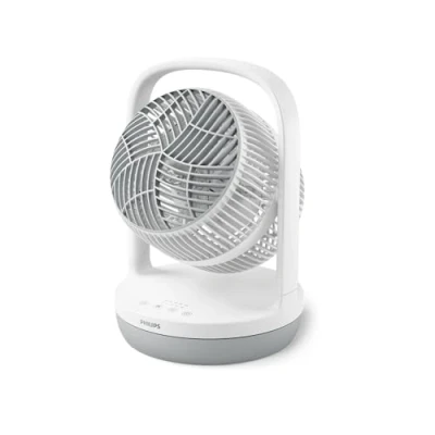 Abbildung von Philips Tischventilator Serie 2000. Leistungsstark und extrem leise. 23 dB. Luftumwälzung. Einstellbare Neigung von 180. 12 Stunden Zeitschaltuhr. Für Schlafzimmer, Haus Büro. CX2050, Weiß