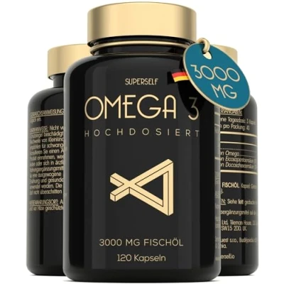 Abbildung von Omega 3 Kapseln Hochdosiert 3000mg Premium Fischöl 120 Dreifache Wirkung Hoher DHA &amp; EPA Gehalt Reines Öl aus Nachhaltigem Fischfang Laborgeprüftes Ohne Zusätze