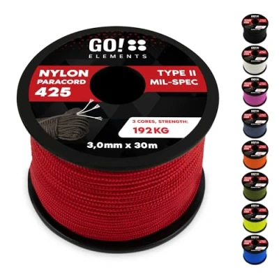 Abbildung von GO!elements 30m Paracord Seil aus reißfestem Nylon 3mm 425 Typ II max. 192kg Schnüre als Outdoor Seil, Allzweckseil, Survival Armband, Hundeleine, Nylonschnur, Farbe: Rot