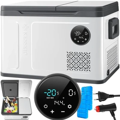 Abbildung von KESSER® Kompressor Kühlbox 2in1 Doppelzone Kühl &amp; Gefrierfach 40 Liter elektrische Gefrierbox mit 2x Kühlakkus LED Touch Bedienung Kühlschrank Kühlung bis 20 C für Camping, Auto, Lkw 12/24V 230V