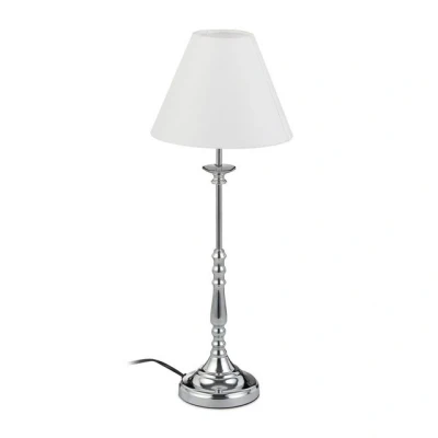 Abbildung von Relaxdays Tischlampe Vintage, Stoff Lampenschirm, spiegelnd verchromt, Dekolampe, E14, H x D 55 21 cm, silber/weiß