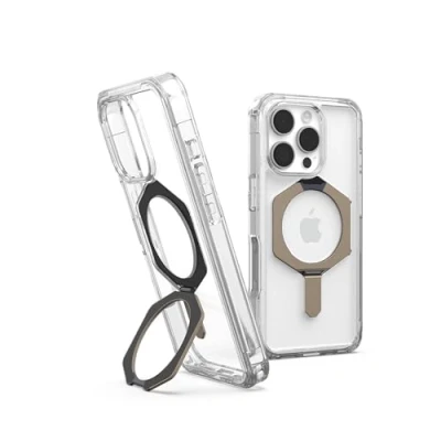 Abbildung von URBAN ARMOR GEAR Plyo XTE Case für Apple iPhone 16 Pro Kickstand Hülle (Wireless Charging/magnetisches Aufladen kompatibel, Aufstellbar, Air Soft Ecken) Ice (transparent) / Titan