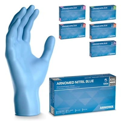 Abbildung von 500 Stück ARNOMED Einweghandschuhe Blau, Einmalhandschuhe XXL, Nitril Handschuhe, Nitrilhandschuhe puderfrei, Gummi Handschuhe Einweg, Schutzhandschuhe, in XS, S, M, L, XL, XXL