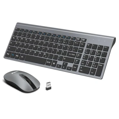 Abbildung von LeadsaiL Tastatur Maus Set Kabellos, 2,4 GHz USB Empfänger Ultradünne Leise, Deutsch QWERTZ Layout, 12 FN Tasten Für Windows XP/7/8/10, PC, Laptop, Computer, Desktop Grau