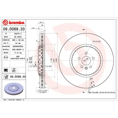 Abbildung von BREMBO 09.D069.33 Bremsscheibe 395 36 5 Verbundbremsscheibe, innenbelüftet beschichtet hochgekohlt LAND ROVER: Range Rover Velar