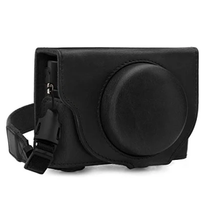 Abbildung von MegaGear MG1730 Ever Ready Leder Kameratasche mit Trageriemen kompatibel Sony Cyber Shot DSC RX100 VII Schwarz