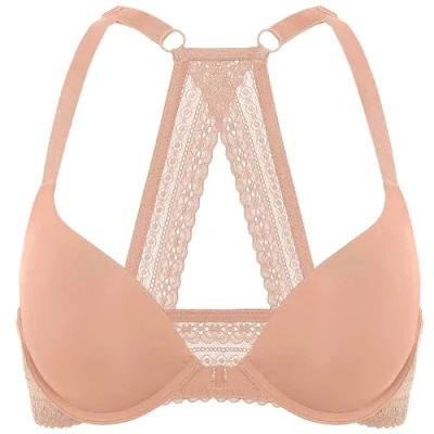 Abbildung von DOBREVA Damen Vorderverschluss Push Up BH mit Bügel Soft T Shirt Tiefen Ausschnitt BHS Neckholder Gepolsterter Grapefruit Orange 80B