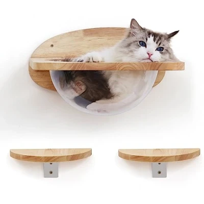 Abbildung von FUKUMARU Kletterwand Katzen, Transparente Raumkapsel mit 2 Pedalen als Katzenwandmöbel Set, aus Massives Gummiholz, Hochwertiges Katzenbett zum Schlafen, Spielen, Klettern Trägt bis zu 16KG