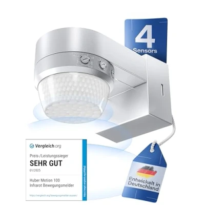 Abbildung von HUBER Motion 100 Infrarot Bewegungsmelder 360 mit 4 Sensoren und Fresnel Linse IP65 LED geeignet I inkl. Unterkriechschutz &amp; Bereichsbegrenzung, Wand /Deckenmontage, weiß