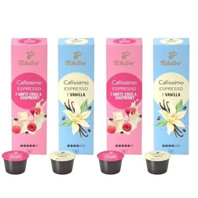 Abbildung von Tchibo Cafissimo Probierset Limited Edition Espresso Raspberry White Choc &amp; Vanilla, 40 Stück (4x 10 Kaffeekapseln), nachhaltig fair gehandelt