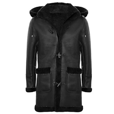 Abbildung von Infinity Leather Warme Winter Lange Echte Schaffell Leder Ingwer Schwarz Kapuze Dufflecoat XL
