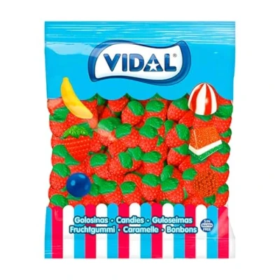Abbildung von Vidal Erdbeeren, Gummibonbons mit Geschmack und Erdbeerform, grün rot, Beutel 1,5 kg