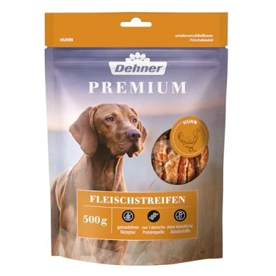 Abbildung von Dehner Premium Hundesnack, Leckerli getreidefrei / fettarm, Kausnack für ausgewachsene Hunde, Hühnerbrustfilet in Streifen, 500 g