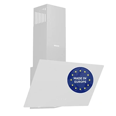Abbildung von Wiggo Dunstabzugshaube 60cm kopffrei I Abluft Umluft Dunstabzug 650m3/h Touch Display 4 Stufen Energieeffizienzklasse A Schräghaube inkl. Fettfilter &amp; 2x Kohlefilter Abzugshaube Glasfront weiß