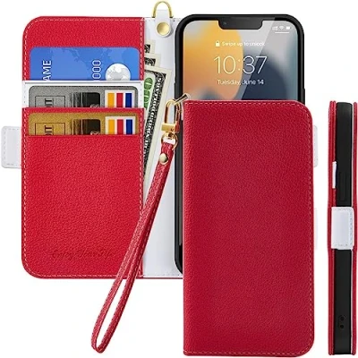 Abbildung von Tiyoo Flip Phone Case für Samsung Galaxy A53 5G, Premium Magnetische Wallet Handyschutz, Litschi Muster Leder mit Kartenfächern &amp; Handschlaufe, Stoßfeste Handyhülle Rot