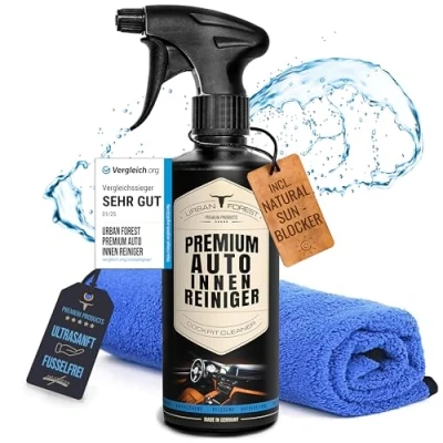 Abbildung von Premium Auto Innenraum &amp; Cockpit Reiniger Set 500ml + Hochwertiges Mikrofasertuch für Innenraumpflege Innenraumreiniger Kunststoff, Polster, Leder, von URBAN Forest