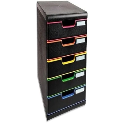 Abbildung von Exacompta 301914D Ablagebox Modulo mit 5 Schubladen für DIN A4+ Dokumente. Belastbare Schubladenbox hoher Kapazität mehr Platz auf dem Schreibtisch schwarz/bunt