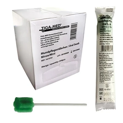 Abbildung von Mundpflegestäbchen Wattestäbchen Geschmack Minze Box a 250 Stck Mundhygiene Tiga Med einzeln hygienisch verpackt