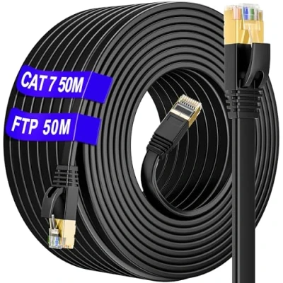 Abbildung von Lan Kabel 50 meter Cat 7 Outdoor &amp; Indoor, Netzwerkkabel 50m S/FTP Hochgeschwindigkeits 10Gbit/s 600MHz Gigabit Flach Ethernet kabel(50 Clips), Draussen Wasserdicht RJ45 kabel, für Switch/Modem