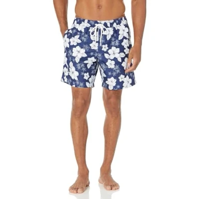 Abbildung von Amazon Essentials Herren Badehose, Schnell Trocknend, 18 cm, Marineblau Hibiskusblume, S