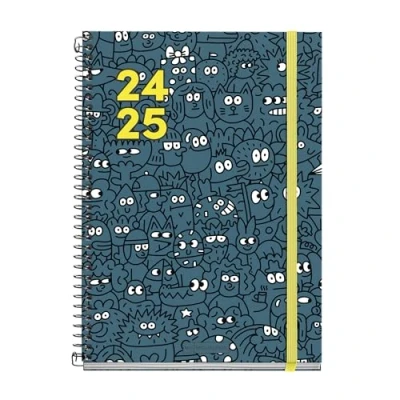 Abbildung von Miquelrius Schülerkalender 2024 2025, September bis Juni Größe: 155 x 215 mm, Tagesansicht, Umschlag aus Karton, Spiralbindung Metall, Schwarz, Spanisch und Englisch, Doodle