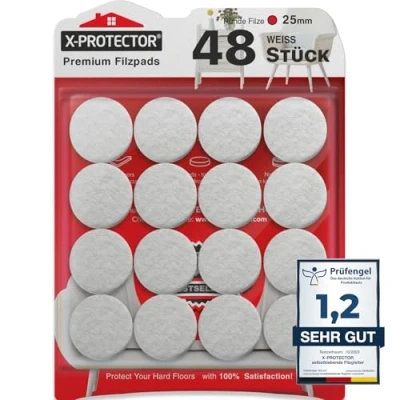 Abbildung von X Protector Filzgleiter 48 Stück 25 mm Prämie Möbelgleiter Weiß Dicker Filz Selbstklebend Bodenschoner für Stühle Große Menge an Schützen Sie Ihre Holzfußböden!