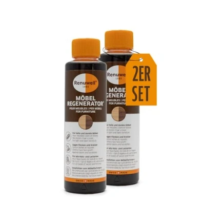Abbildung von Renuwell Möbel Regenerator, 2x 500 ml Intensive Pflege und Regeneration für Holzmöbel Oberflächen, entfernt Wasserflecken, Kratzer &amp; Hitze Ringe, Schweizer Qualitätsprodukt