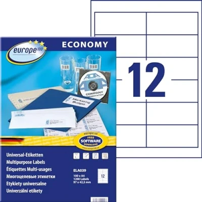 Abbildung von Europe100 Art. ELA039 Adressaufkleber (1.200 Klebeetiketten, 97x42,3mm auf A4, Papier matt, individuell bedruckbar, selbstklebende Adressetiketten, kompatibel zu AVERY 3659) 100 Blatt, weiß