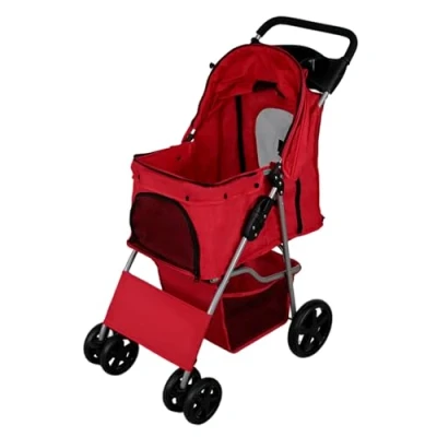 Abbildung von Hundewagen Klappbarer Buggy bis 15kg 4 Räder: 2x 360 Bremsen Für Tiere Hunde Katze Mit Karabinerhaken Netzfenstern Abnehmbar Kissen Aufbewahrungskorb Getränkehalter &amp; Regenschutz [Rot]