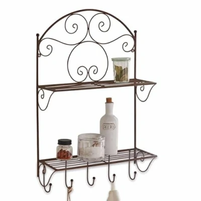 Abbildung von Loberon Regal Estevan, mit Antik Patina, Verspieltes Design, 2 Ablageflächen &amp; 5 Haken, dekorativ praktisch, Wandregal, Küchenregal, Eisen, antikbraun