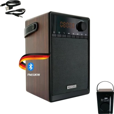 Abbildung von SCHWAIGER 715736 Tragbarer analoger Radiowecker UKW FM Bluetooth Lautsprecher Musikbox Radio AUX Micro SD Holzoptik LED Display akkubetrieben