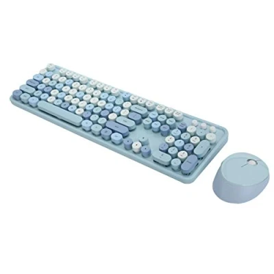 Abbildung von Drahtlose Tastatur und Mauskombination für Windows, Retro Vintage Design Mauspaket mit USB Empfänger Computer, Ergonomische FN + Mutilmedia Taste(Blau)