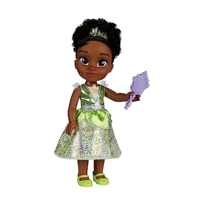 Abbildung von Disney Princess Tiana Puppe 35cm, reflektierende Glitzeraugen, bewegliche Gelenke, ausziehbares Outfit, Schuhe, Krone, schwarzes hochgestecktes Haar, für Mädchen ab 3 Jahren