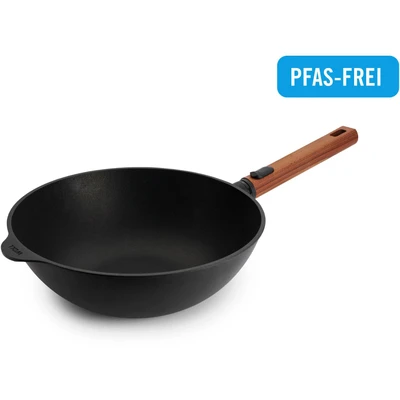 Abbildung von Woll Eco Logic QXR Wok Induktiv , Ø 28 cm, 10 cm hoch, mit abnehmbarem nachhaltigem Holzstiel Geeignet für alle Herdarten, PFAS frei, Antihaft Versiegelung, Aluminiumguss