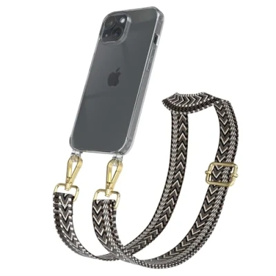 Abbildung von EAZY CASE Handykette mit verstellbarem Trageriemen für iPhone 15 Taschengurt zum Wechseln transparenter Handyhülle Hülle dünner Schulterriemen in Grau Schwarz Gold